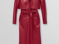 Belted Vegan Leather Trench Coat In Red