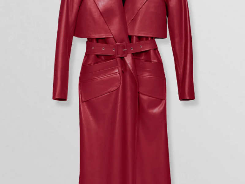 Belted Vegan Leather Trench Coat In Red