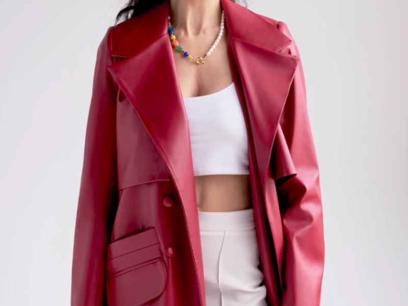 Belted Vegan Leather Trench Coat In Red