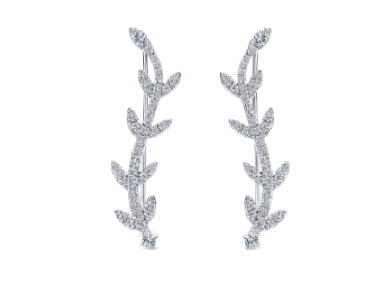 14K White Gold Diamond Leaf Ear Climber Earrings