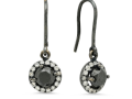 14K WHITE GOLD BLACK RODHIUM HALO DANGLING HOOK EARRINGS WITH 2 ROUND BLACK DIAMONDS