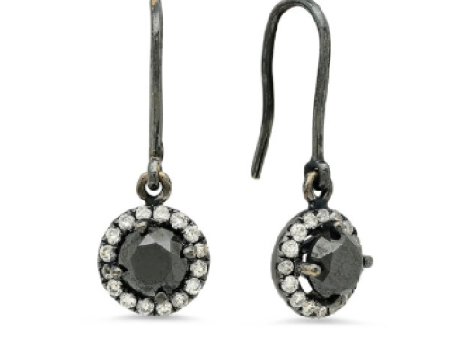 14K WHITE GOLD BLACK RODHIUM HALO DANGLING HOOK EARRINGS WITH 2 ROUND BLACK DIAMONDS