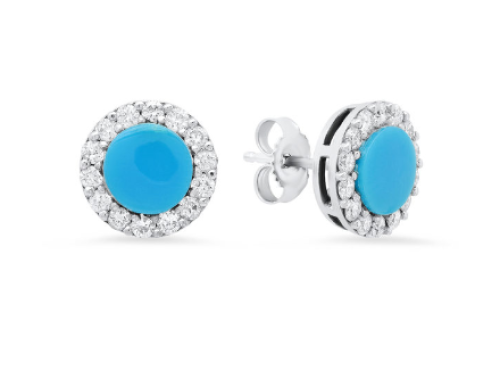 14K WHITE GOLD HALO STUD EARRINGS WITH 2 FLAT BLUE TURQUOISE