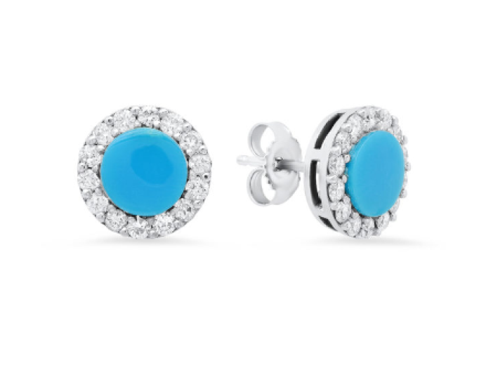 14K WHITE GOLD HALO STUD EARRINGS WITH 2 FLAT BLUE TURQUOISE