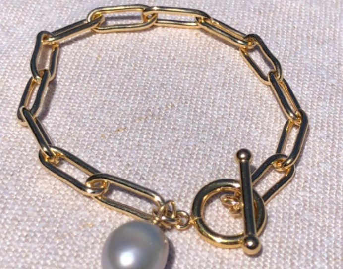 Paperclip link chain toggle bracelet pearl charm