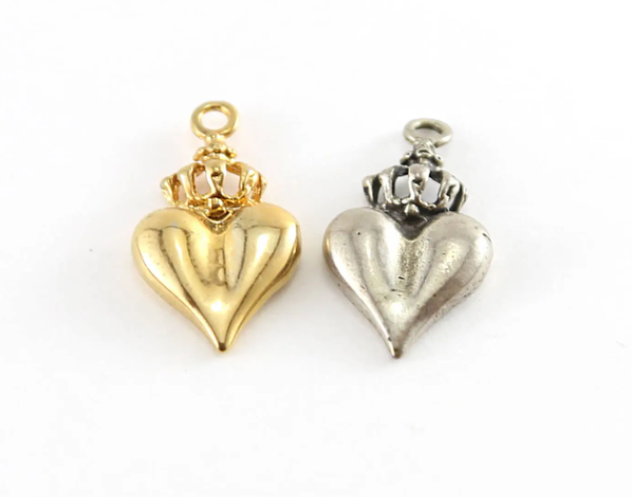 Large Heart with Crown Charm in Sterling Silver or Vermeil Gold Love Royal Friendship Pendant