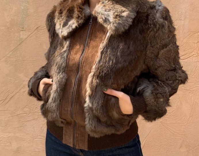 Vintage 70s Genuine Rabbit Fur/Leather Bomber Jacket