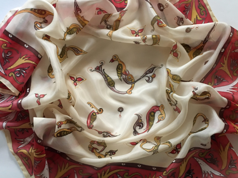 Hand painted square silk scarf with Armenian letters