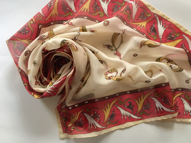 Hand painted square silk scarf with Armenian letters