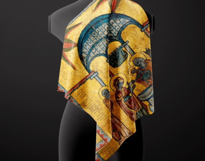 A silk scarf inspired by the famous miniature by Toros Roslin and decorated with the Lord's Prayer.