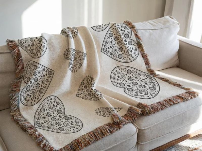 Valentine Day Scandi Black Heart Design Woven Cotton Blanket