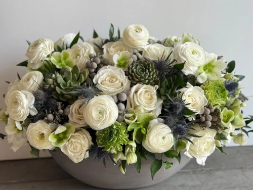 The Ansley Floral Arrangement - White Roses and Succulents