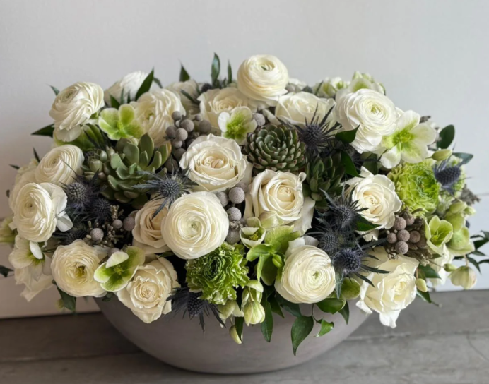 The Ansley Floral Arrangement - White Roses and Succulents