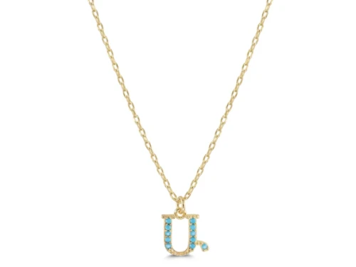 Armenian Initial Necklace Gold w/ Turquoise Stones