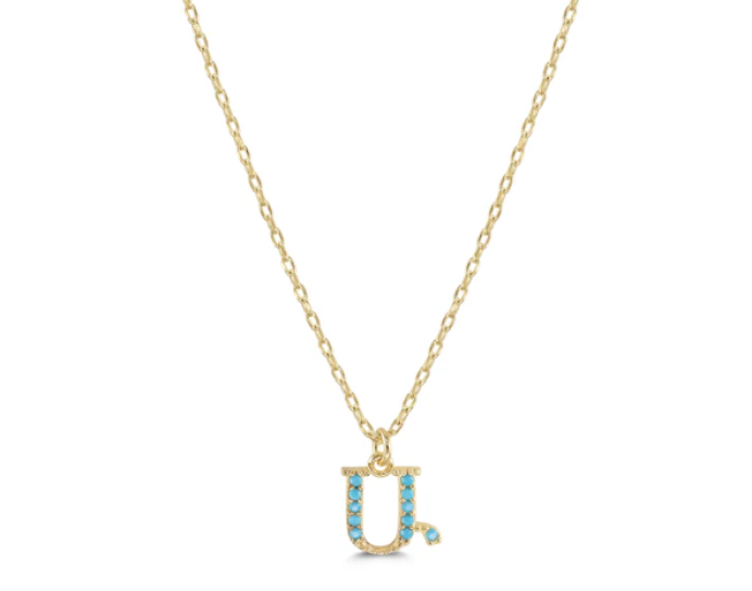 Armenian Initial Necklace Gold w/ Turquoise Stones