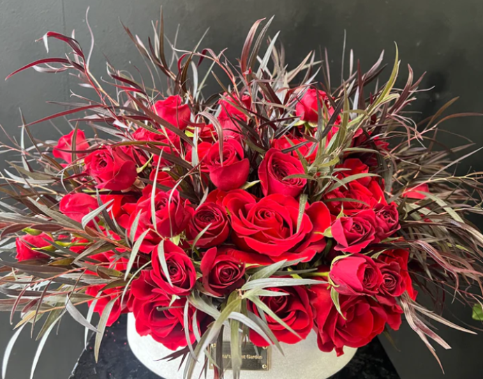 Red round roses with Agonis