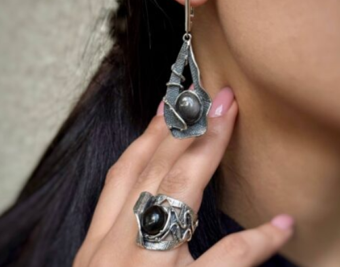 Sterling Silver Obsidian Jewelry Set – Ring & Dangle Earrings by Shahinian Jewelry