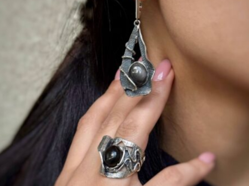 Sterling Silver Obsidian Jewelry Set – Ring & Dangle Earrings by Shahinian Jewelry