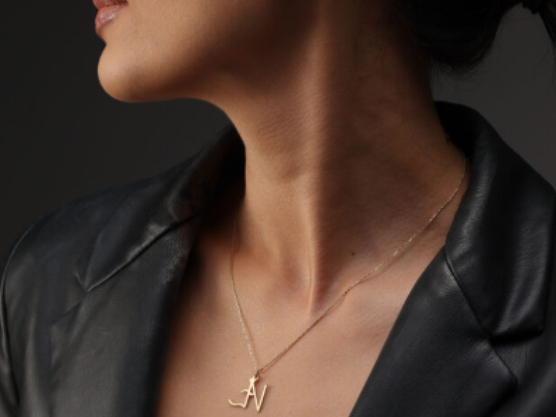 Single Letter Stones Sparkling Name Logo Necklace (14K Gold)