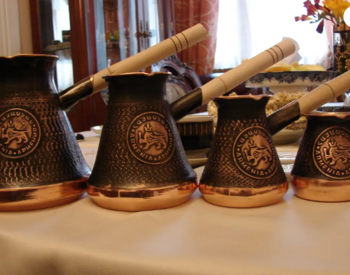 Handmade Copper Coffee Pot, Set of 4, Armenian Jezve